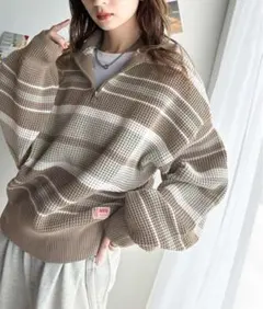 ブラウンストライプ ハーフジップニット