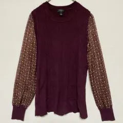 TALBOTS バーガンディ ニットセーター 異素材MIX シアー 柄