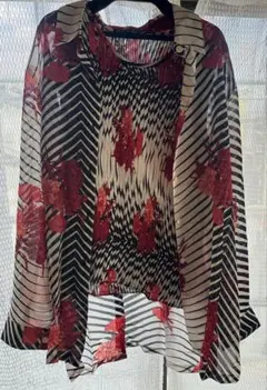 R&B 花柄 ストライプ プリーツ タンクトップ 羽織り 2点セット L相当