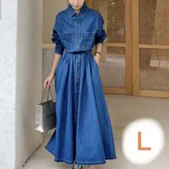 L デニム風 ワンピース 大人可愛い ゆったりシルエット お出かけコーデ