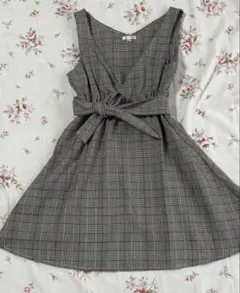 即発送 チェック ジャンスカ フレアスカート ジャンバースカートリボンベルト