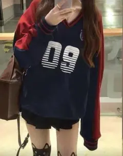 SHEIN ネイビー レッド Vネック トレーナー スウェット