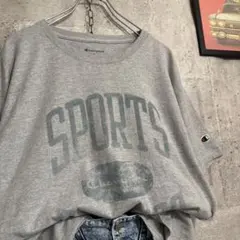 US古着 Champion Tシャツ L グレー スポーツ ロゴ 袖刺繍