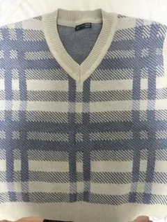 DAZY ベージュブルーチェック Vネックニット M
