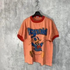 古着 USA製 ドナルドダック Tシャツ リンガー L オレンジ ディズニー 