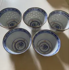 中国景徳鎮製ホタル蛍焼金彩染付花柄 透かし湯呑5個茶器 湯呑