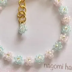 No.1-9 ハンドメイド　フラワービーズブレスレット　アイスグリーン×ピンク