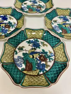 九谷焼　花と鳥の八角形皿 4枚セット