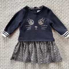 【Petit Bateau】 猫の顔プリント ワンピース 12m