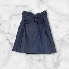 【美品】 デニム フレアスカート S リボン付き ハイウエスト ひざ丈 アメカジのサムネイル