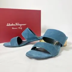 美品フェラガモ サンダル Belluno30 フラワーヒール パンプス ブルー系