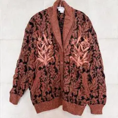 花柄刺繍ニットカーディガン　ブラウン　厚手　 ヴィンテージ 古着 総柄 長袖