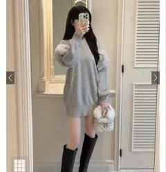 ニットミニワンピース　グレー　ファー付き