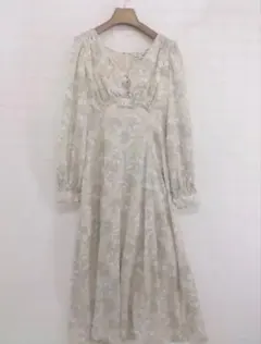 花柄 ロングワンピース Vネック 長袖 ベージュ