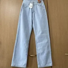 ダブルボタン パッチデザイン ハイウエスト ワイドストレートデニム