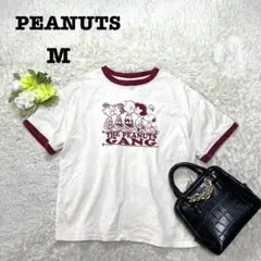 ピーナッツ　スヌーピー　半袖Tシャツ　プリント　配色　アイボリー　ボルドー　Mのサムネイル