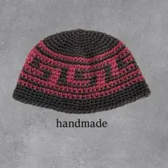 クラッシャーハット　ダークグレー×ピンク　バケハ　ビーニー　ニット帽　男女兼用