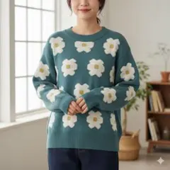 3D　フラワー　刺繍　花柄　ニット　セーター　プルオーバー　グリーン　レディース