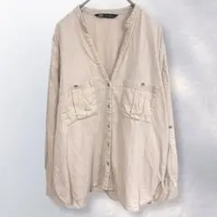 ザラZARA スキッパー リネンシャツ ナチュラル 無地 羽織り L《i724