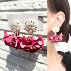 エレガントパールビジュー×ドロップカーマインフリルフラワー　ピアス　イヤリング