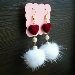 ハート　ピアス　パール　ベロア　ミンク