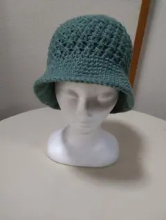 クラッシャー ハット　バケットハット　ハンドメイド　ニット帽　グリーン系