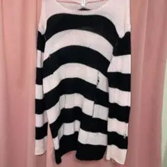 ピンクと黒のストライプニットセーター 地雷系 パンク ダメージ