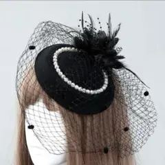 トーク帽 カクテルハット 黒 パール ヘッドドレス 結婚式 フェザー ヴェール