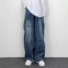 XL ブルー デニム　ジーパン　ワイドパンツ　メンズ　レディース