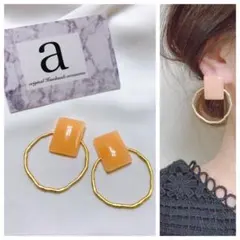 2287-3 2wayベージュピンク☺︎レクタングル型ピアス×ゴールド変形フープ☺︎