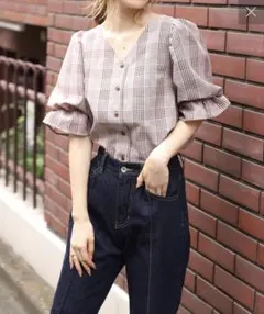 【訳あり】一箇所傷有ナイスクラップ チェック柄パフスリーブブラウスゆったりフリー