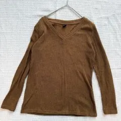 SHEIN Vネック 長袖ニット リブカットソー 茶 XS 長袖 ストレッチ