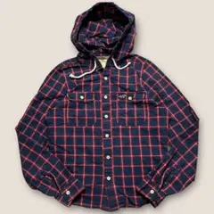 HOLISTER チェックシャツ フード付き ワンポイント刺繍 ネイビー L