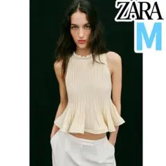 【新品】 ZARA リブニットペプラムトップス エクリュ M