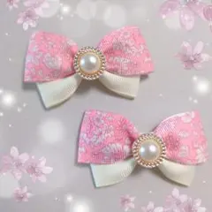 ヘアゴム ヘアリボン ツイン　1648　花柄　小花柄　ピンク　ナチュラル