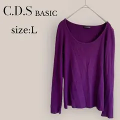 【C.D.S BASIC】リブニット　Uネック　長袖　薄手ニット パープル