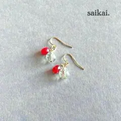 [1105-005]カットチェコガラスのピアス グリーン レッド ハンドメイド