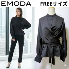 【美品】エモダ EMODA カシュクール タイブラウス ブラック ウエストマーク