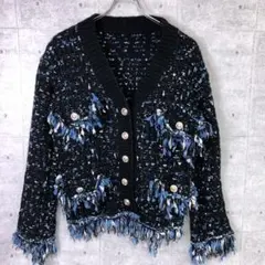 レトロ 古着フリンジ ツイードライク ニット ジャケット カーディガン