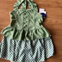 グリーン レースアップ チェック柄水着 100cm~