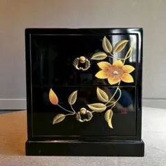 花模様の木製引き出し　黒　二段　漆器　中古　小物収納　昭和レトロ