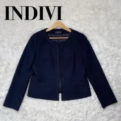 インディヴィ ノーカラー ツイード ネイビー