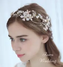 高品質ヘッドドレス★ゴールド★お花ヘアアクセサリーウェディングブライダル髪飾りh