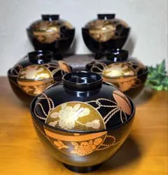 会津塗　漆器　金彩 蒔絵 桜鈴紋　お吸物椀　雑煮椀　汁椀　お椀　5客のサムネイル