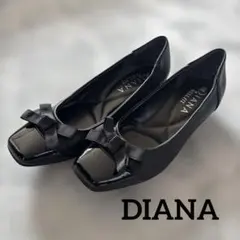【美品】DIANA ダイアナ フラットシューズ リボン 黒 レザー 22.5cm