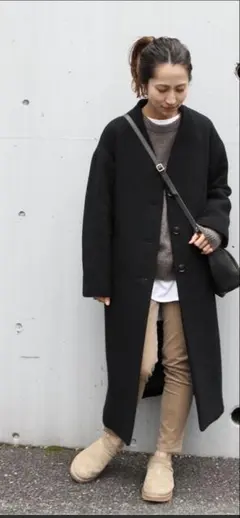 ブラック ノーカラーロングジャケット