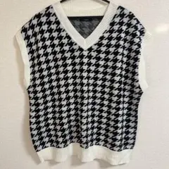 しまむら ハウンドトゥース Vネックニットベスト L