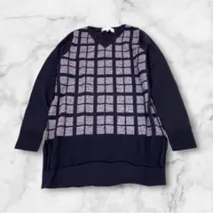 M735☆自由区オンワード樫山ネイビー チェック柄 ニット Vネック