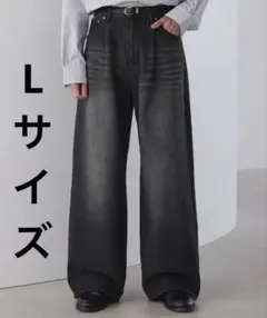 【LUENNA】ワンタックワイドストレートデニムパンツ ブラック L