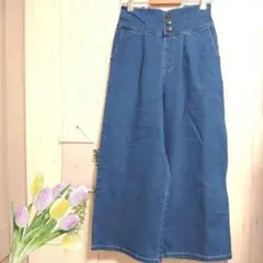 ジャニス デニム ワイドレッグ サロペット〚M〛ハイウエスト　飾りボタン